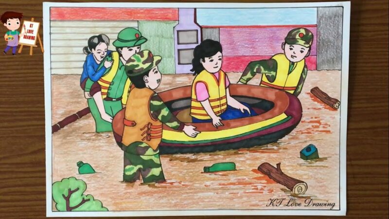 Vẽ tranh 22 12 hình các chú bộ đội giúp dân vùng lũ