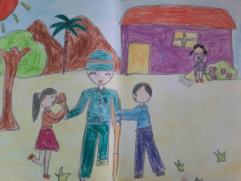 Vẽ tranh chú bộ đội bị thương và các bạn nhỏ