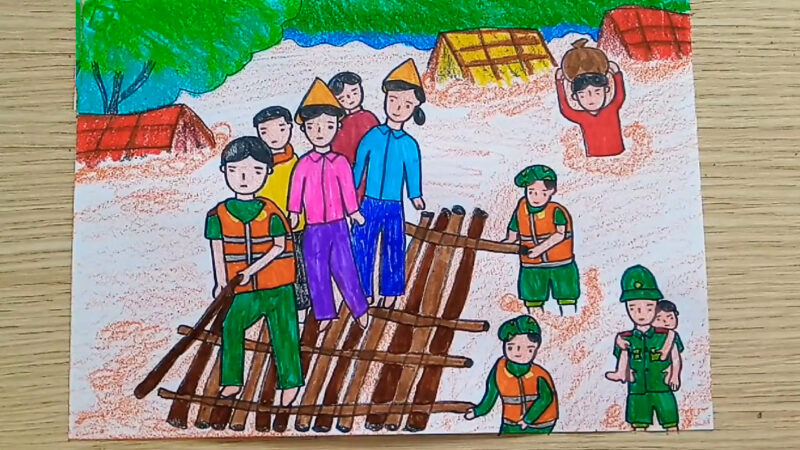 Vẽ tranh chú bộ đội cứu giúp đồng bào vùng lũ