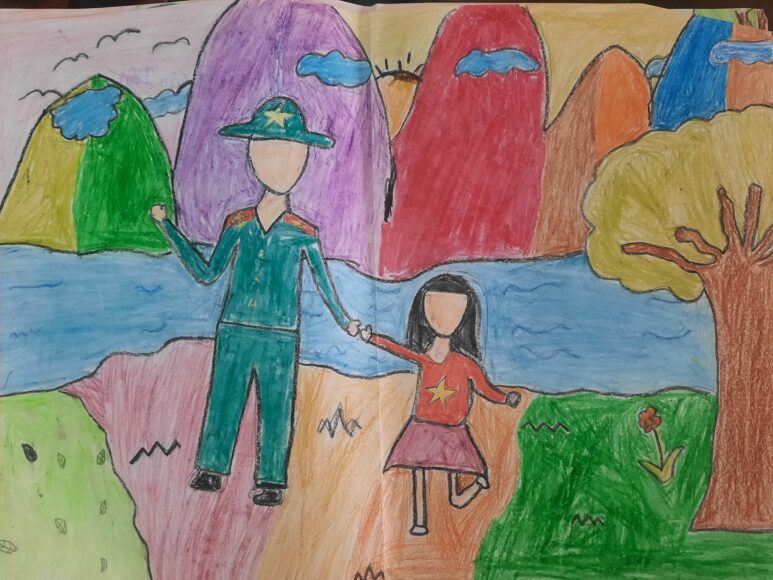 Vẽ tranh chú bộ đội dắt em thiếu nhi