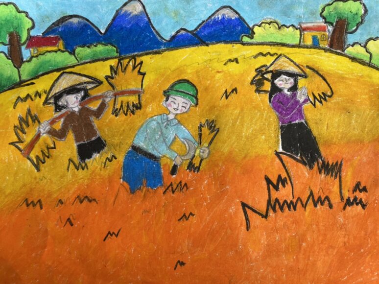 Vẽ tranh chú bộ đội gặt lúa