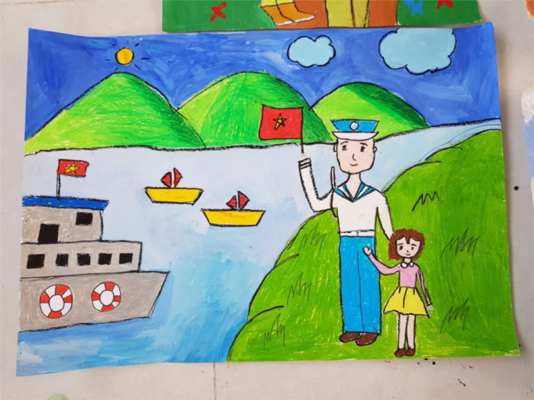 Vẽ tranh chú bộ đội hải quân và thiếu nhi đơn giản
