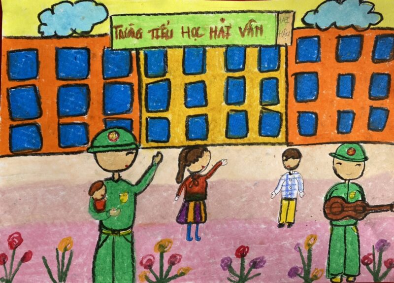 Vẽ tranh chú bộ đội và các bạn học sinh tiểu học