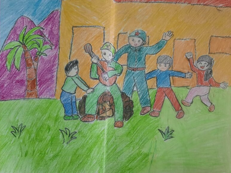 Vẽ tranh chú bộ đội và các em thiếu nhi vui múa hát