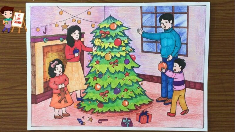 Vẽ tranh Giáng Sinh gia đình vui vẻ trang trí cây thông Noel