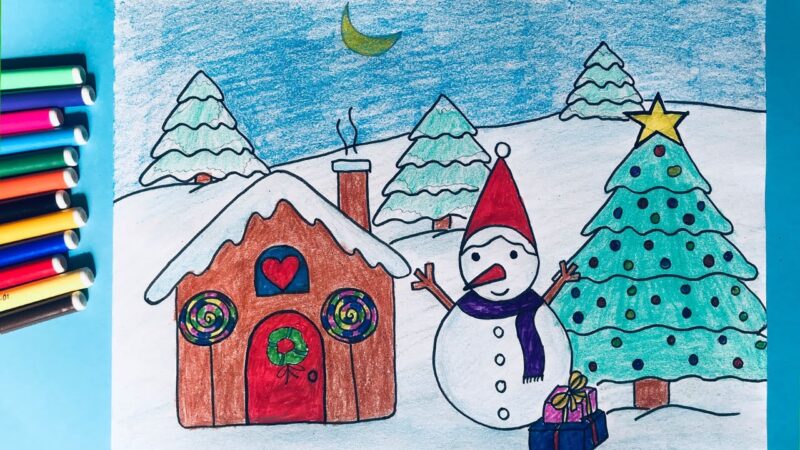 Vẽ tranh Giáng Sinh hình người tuyết dễ thương