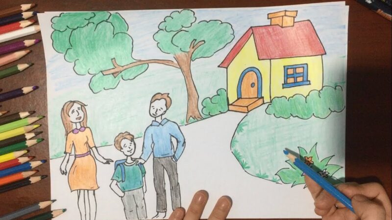 Vẽ tranh mái ấm gia đình 3 người