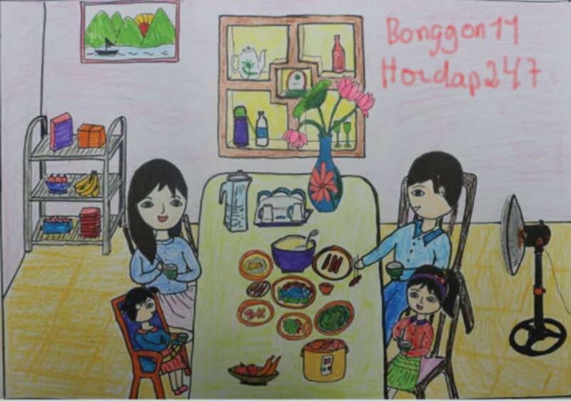 Vẽ tranh mái ấm gia đình đang ăn cơm