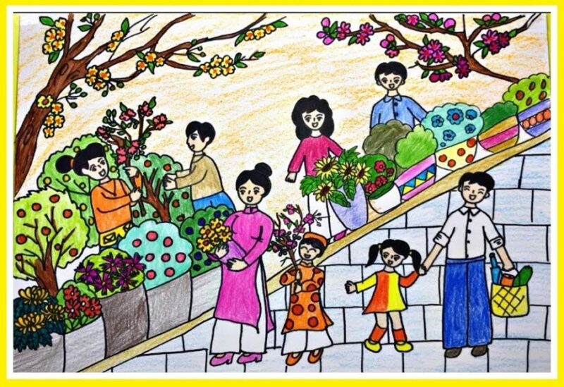 Vẽ tranh mái ấm gia đình đi sắm Tết