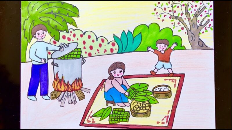 Vẽ tranh mái ấm gia đình gói bánh chưng