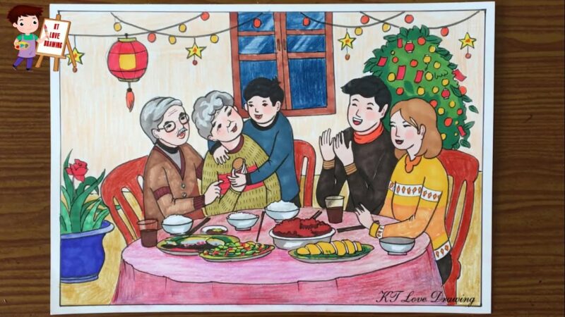 Vẽ tranh mái ấm gia đình hạnh phúc vui vẻ bên mâm cơm
