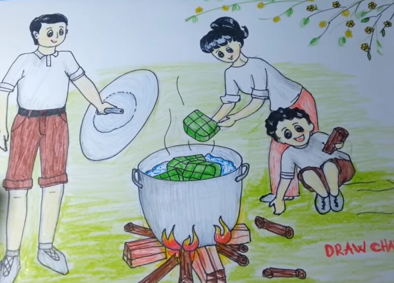 Vẽ tranh mái ấm gia đình nấu bánh chưng Tết