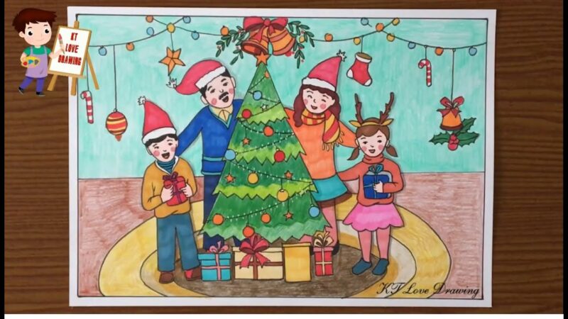 Vẽ tranh mái ấm gia đình trang trí cây thông Noel