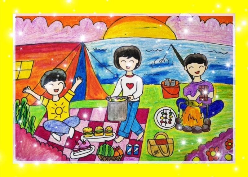 Vẽ tranh mái ấm gia đình vui vẻ đi cắm trại