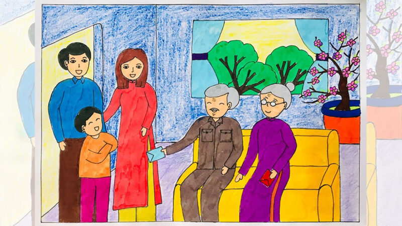 Vẽ tranh mái ấm gia sum vầy bên nhau ngày Tết Nguyên Đán