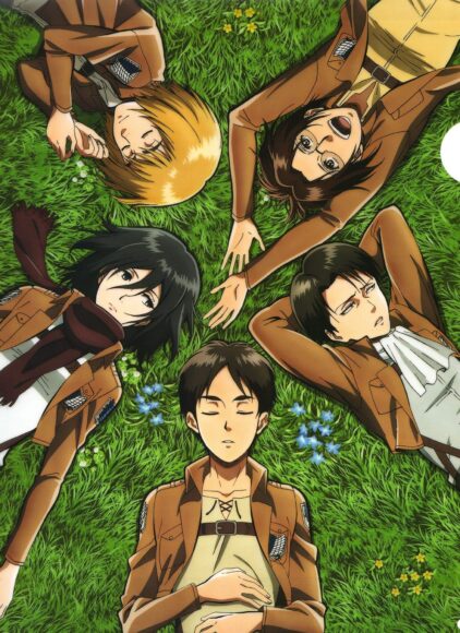 Hình ảnh Eren nằm cùng đám bạn trên bãi cỏ