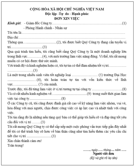 Mẫu đơn xin việc chung cho các công ty