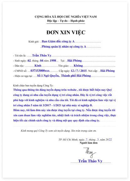 Mẫu đơn xin việc làm công nhân