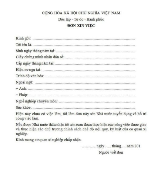 Mẫu đơn xin việc viết tay dành cho cơ quan, xí nghiệp nhà nước