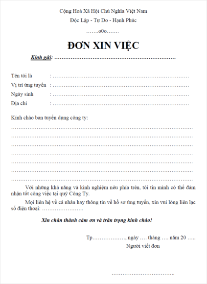 Mẫu đơn xin việc viết tay không dán ảnh