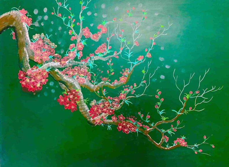 Vẽ bảng Tết cành đào hồng mùa tết