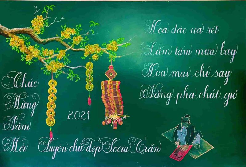 Vẽ bảng Tết cành mai vàng và câu thơ