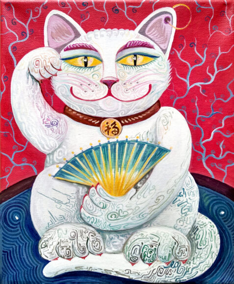 Vẽ con mèo Tết cầm chiếc quạt