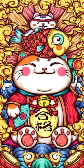 Vẽ mèo thần tài béo ú đội con cá