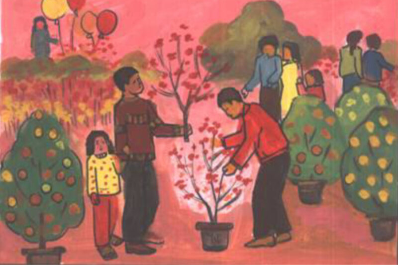 Vẽ tranh chợ Tết đơn giản bé cùng bố đi chợ