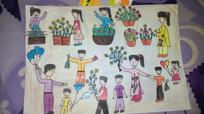 Vẽ tranh chợ Tết đơn giản, dễ vẽ nhất