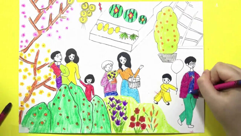 Vẽ tranh chợ Tết đơn giản, đẹp