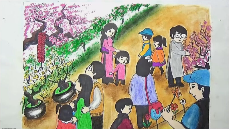 Vẽ tranh chợ Tết đơn giản, đẹp nhộn nhịp nhất