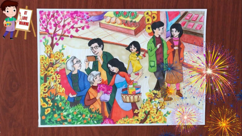 Vẽ tranh chợ Tết đơn giản mà cực đẹp
