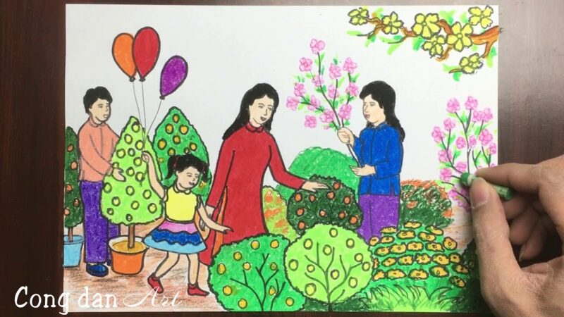 Vẽ tranh chợ Tết đơn giản nhất