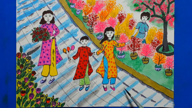 Vẽ tranh chợ Tết đơn giản, nhiều màu sắc rực rỡ