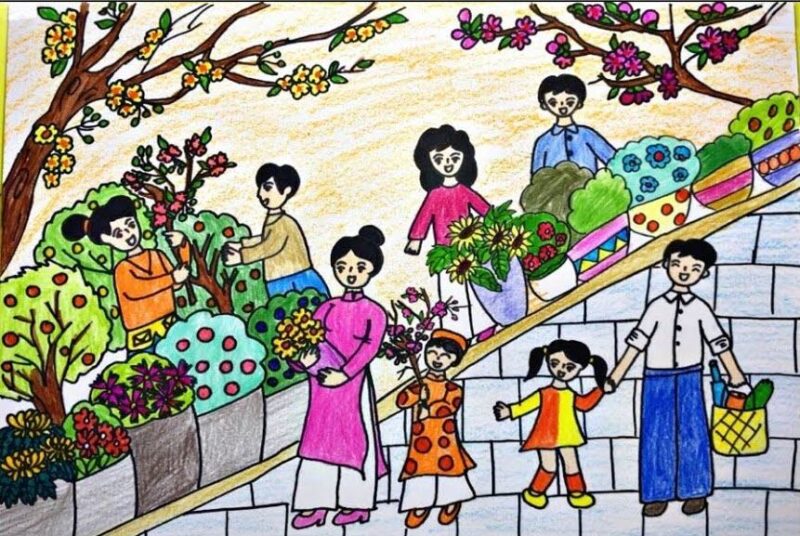 Vẽ tranh chợ Tết đơn giản nhộn nhịp