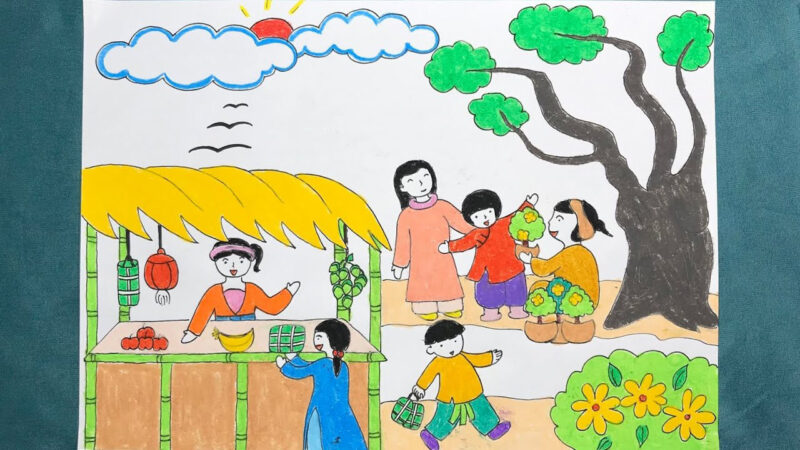 Vẽ tranh chợ Tết đơn giản ở nông thôn