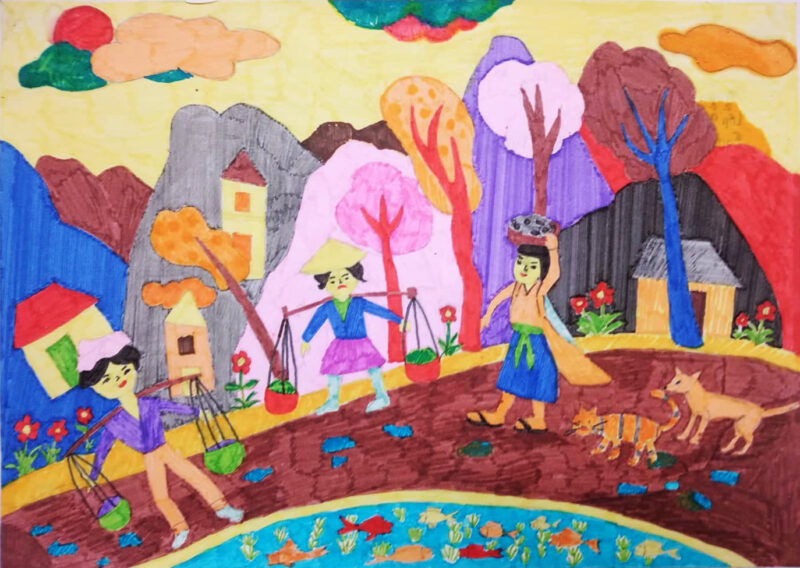 Vẽ tranh chợ Tết đơn giản ở thôn quê