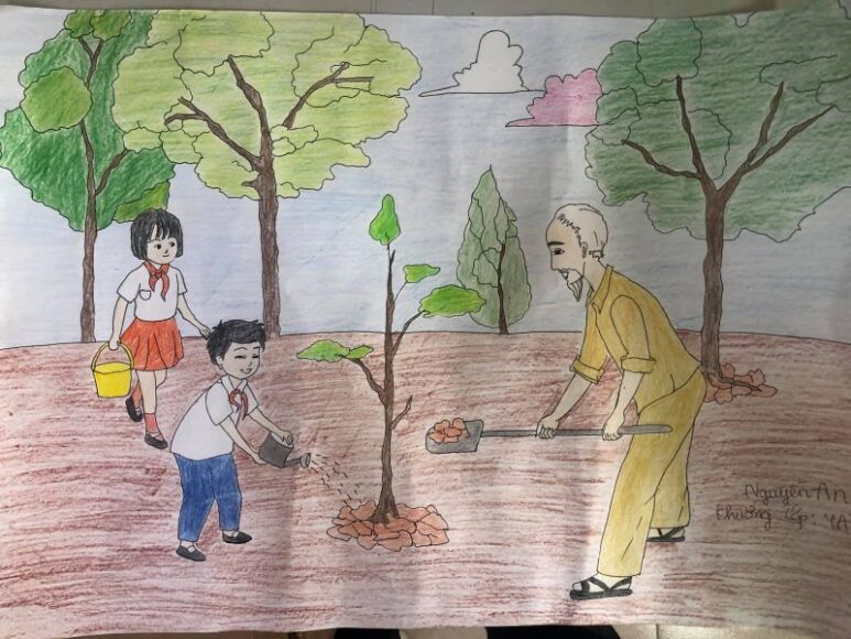 Vẽ tranh thiếu nhi làm nghìn việc tốt cùng Bác Hồ trồng cây