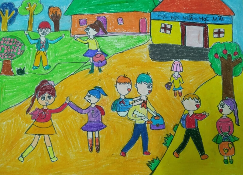Vẽ tranh thiếu nhi làm nghìn việc tốt giúp đỡ bạn đến trường