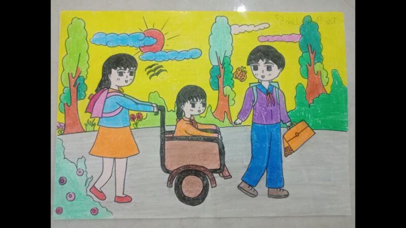 Vẽ tranh thiếu nhi làm nghìn việc tốt giúp đỡ bạn đến trường