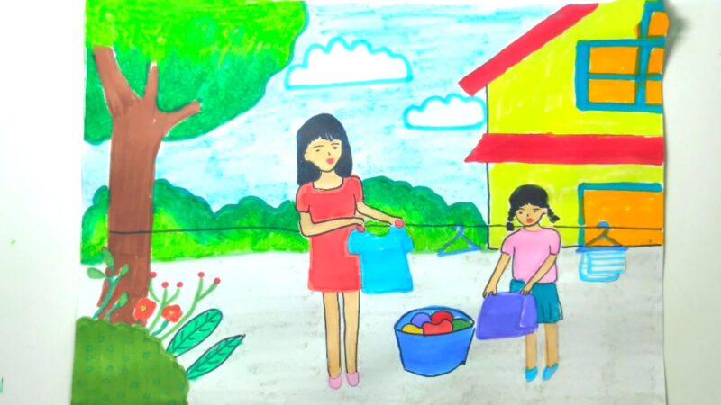 Vẽ tranh thiếu nhi làm nghìn việc tốt giúp đỡ mẹ làm việc nhà