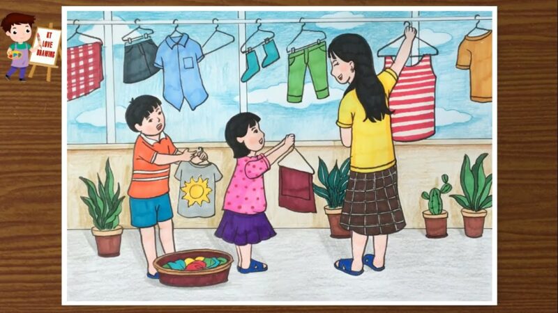 Vẽ tranh thiếu nhi làm nghìn việc tốt giúp mẹ làm việc nhà