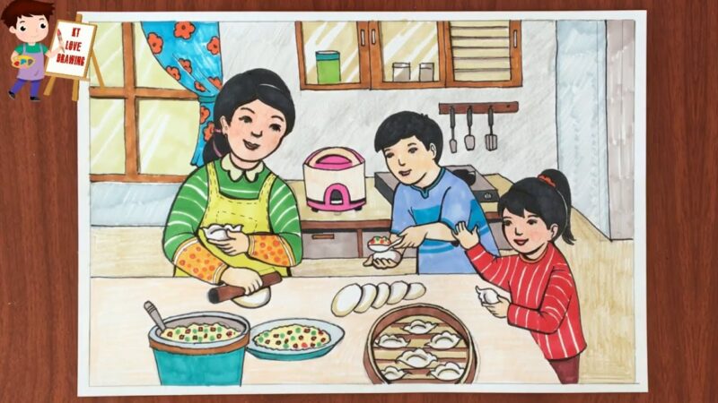 Vẽ tranh thiếu nhi làm nghìn việc tốt phụ mẹ làm bánh