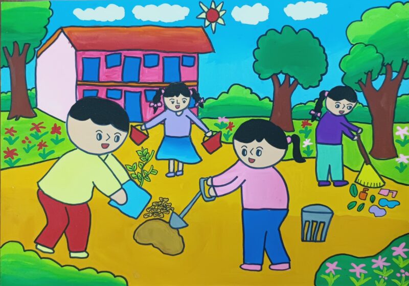 Vẽ tranh thiếu nhi làm nghìn việc tốt trồng cây trong vườn trường