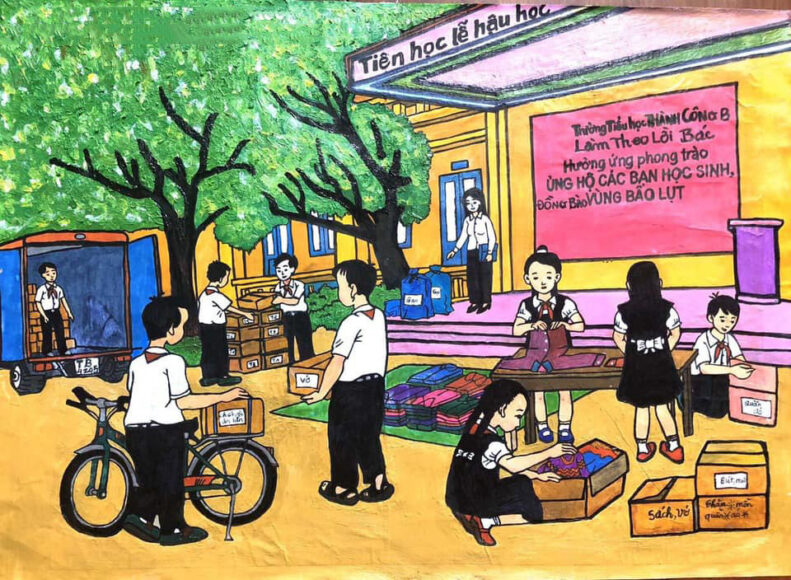 Vẽ tranh thiếu nhi làm nghìn việc tốt về việc làm ủng hộ các bạn học sinh, đồng bào vùng bão lụt