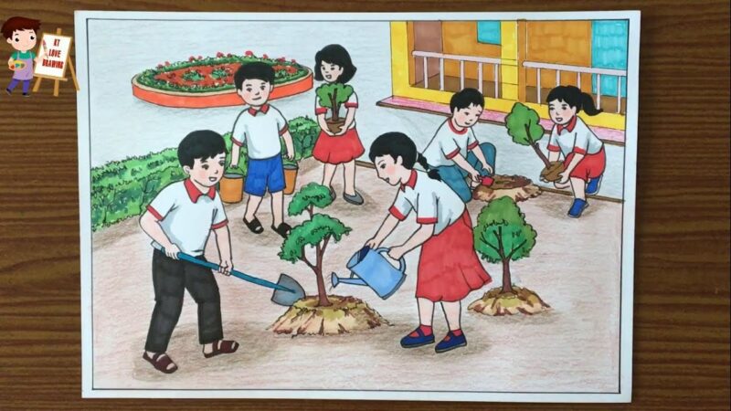 Vẽ tranh thiếu nhi làm nghìn việc tốt vì lợi ích trồng cây