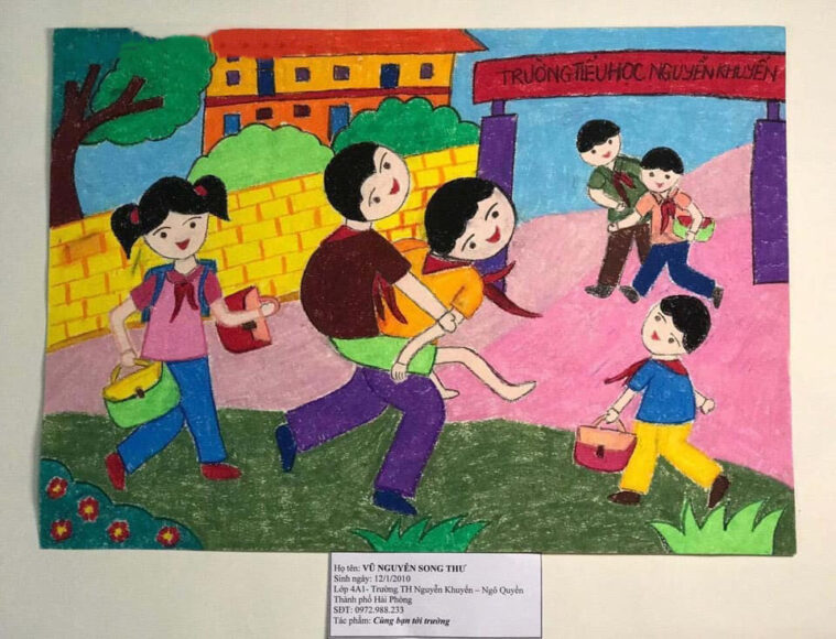 Vẽ tranh thiếu nhi làm nghìn việc tốt ý nghĩa giúp đỡ bạn đến trường
