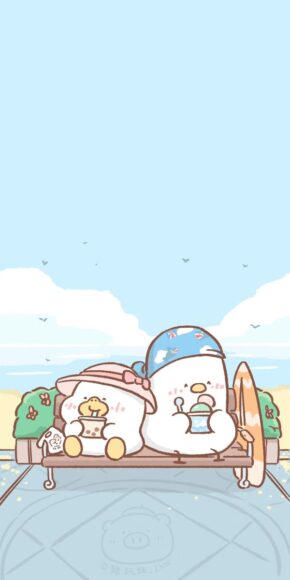 ảnh nền điện thoại cute chú vịt ăn kem ở biển