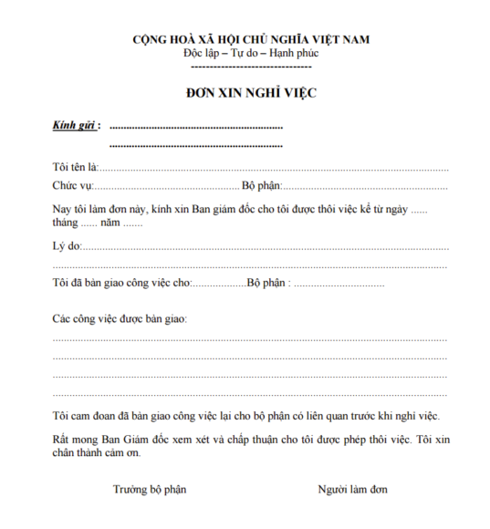 Đơn Xin nghỉ việc chuẩn